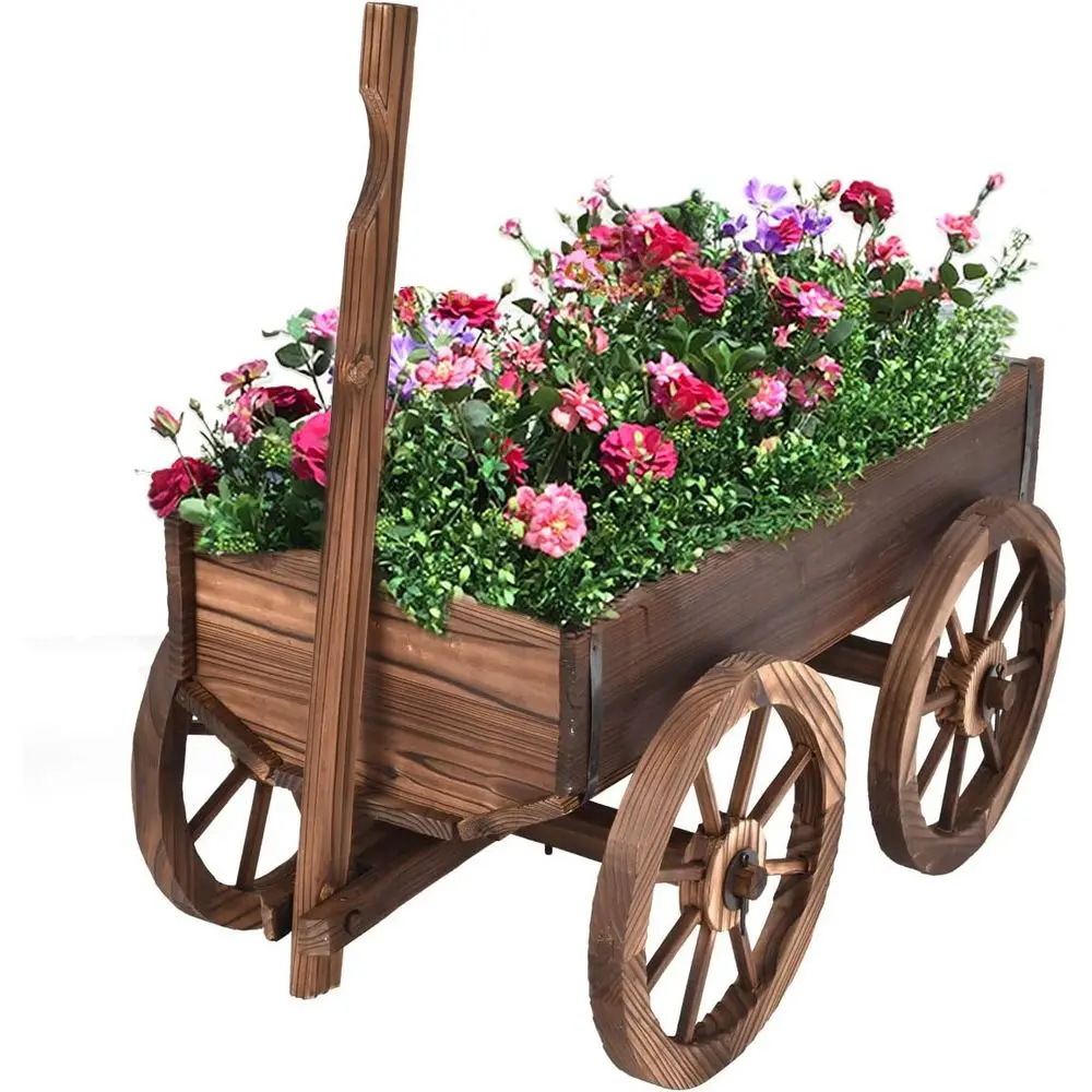 

Wood Wagon lower Planter Pot Stand W/Wheels Home Garden Outdoor Decor