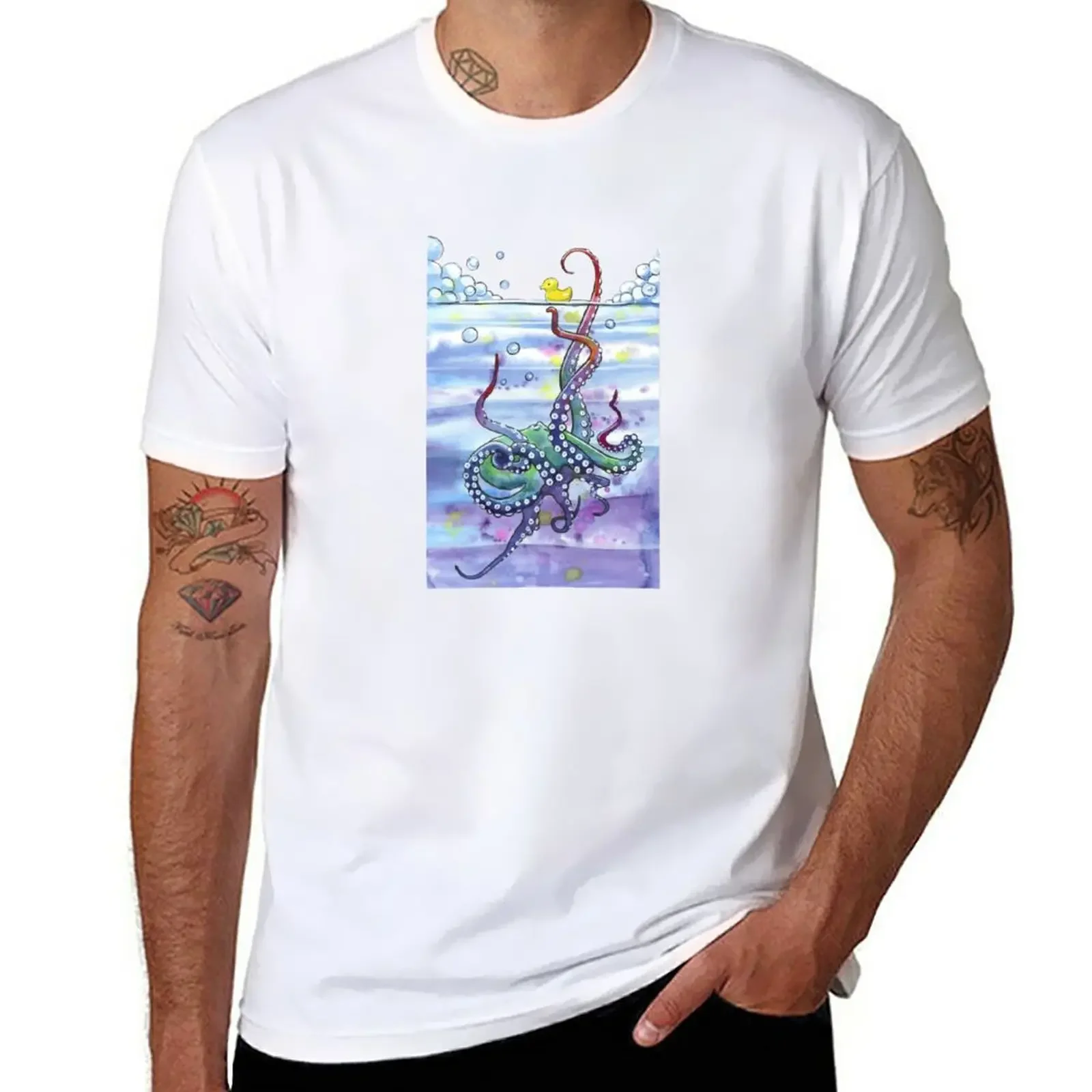 Octopus T-Shirt short hippie clothes mens cottons New Bath Time Round Neck 2024 New Arrival  Informal heavyweight Cartoon style