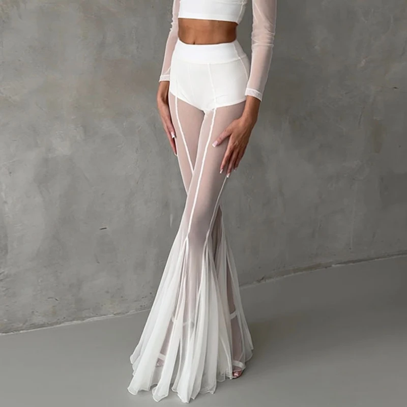 Women Summer Hollow Out Wide Leg Pants Fashion See Through Slim Fit Flared Trousers Lady Elegant Chiffon Mesh Holiday Clubwear
