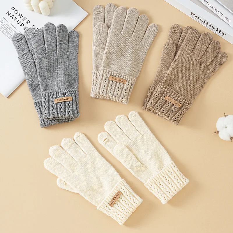 Winter Knitted Wool Plush Thickened Warm Outdoor Riding Five Fingers Touch Screen Men Women Thermal Soft Cozy Elastic Gloves