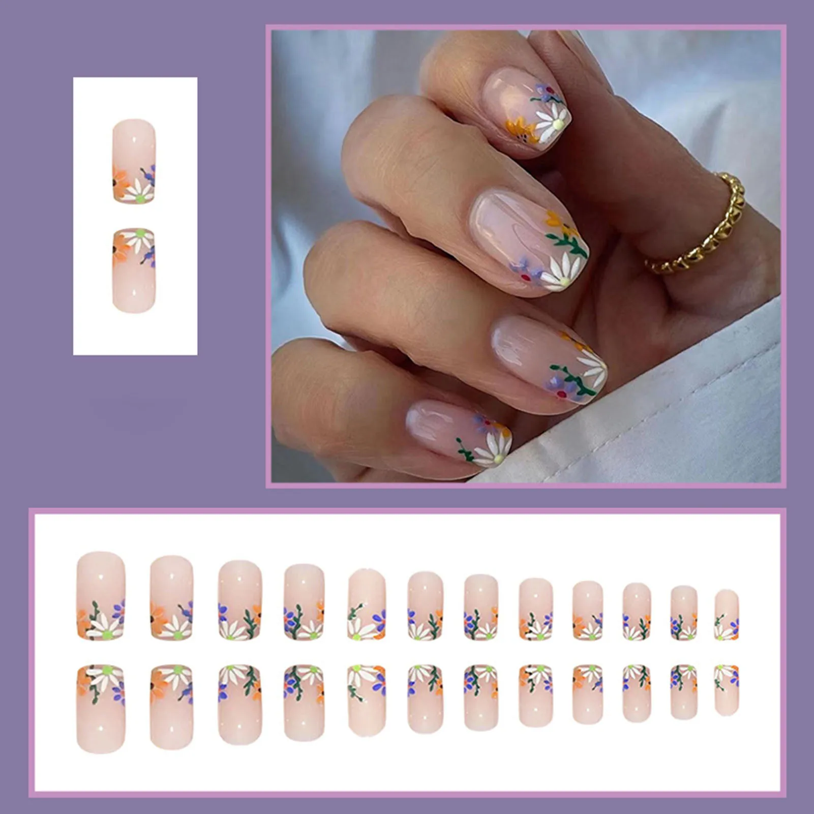 Nude Fake Nails with Flower Printed Charming Comfortable to Wear Manicure Nails for Stage Performance Wear