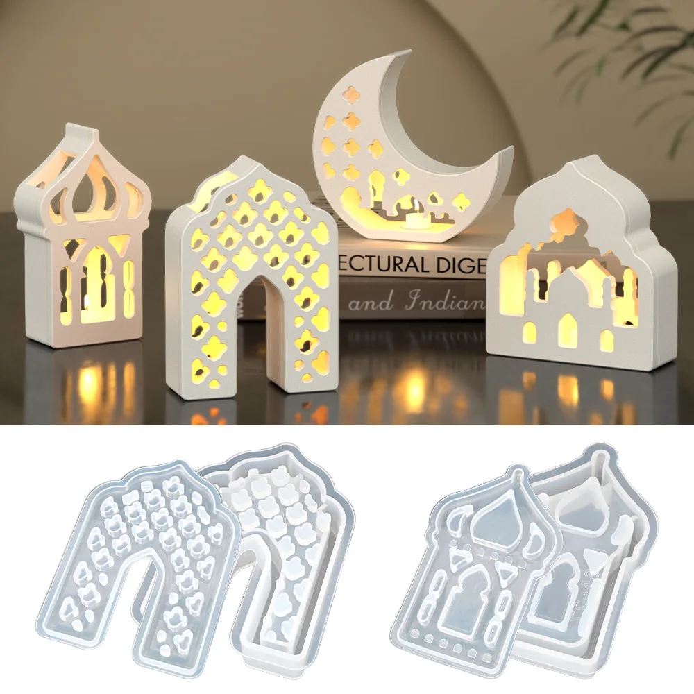 Hollow House Candle Silicone Mold, Ramadan Moon Silhouette Resin Lamp Mold, Epoxy Craft Mold for Holiday Decor