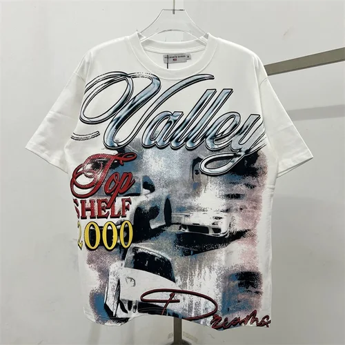 Imagen 2 del producto Camisetas negras con estampado de coche VALLEY para hombre y mujer, ropa de calle americana de algodón puro de alta calidad 1:1, Top de manga corta de gran tamaño