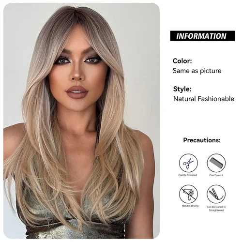 Imagen 2 del producto Peluca sintética de capas largas y rectas para mujer, peluca rubia con reflejos de platino y flequillo, uso diario, pelo Natural resistente al calor