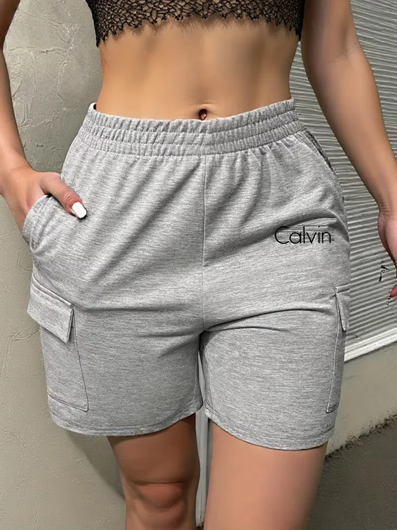 

European Style Gray Elastic Waist Cargo Shorts Summer Loose Casual Sweatpants