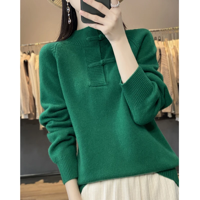 Women's Chinese-Style Buckle Pullover, Cashmere Sweater, Female Knitted Bottoming Coat, Pure Wool, High-grade, New