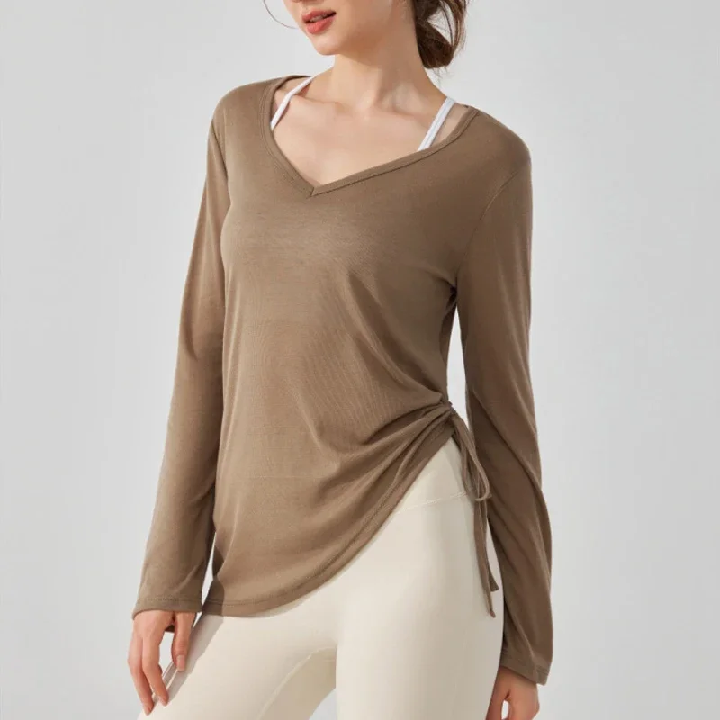 

Women Loose Running Top Solid Color Long Sleeve Yoga Shirt Sexy V-Neckline Workout Blouse Female Sportswear Workout Clothes