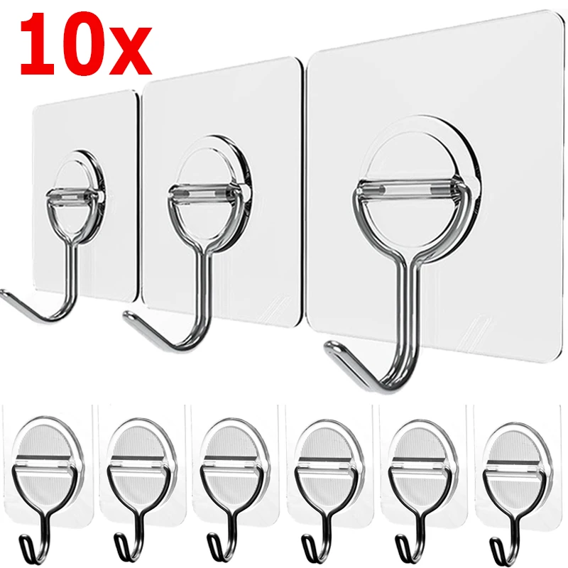 10/1Pcs Wall Mounted Hooks Transparent Self Adhesive Door Wall Hangers Hooks Heavy Load Rack Kitchen Bathroom Organizer Holder