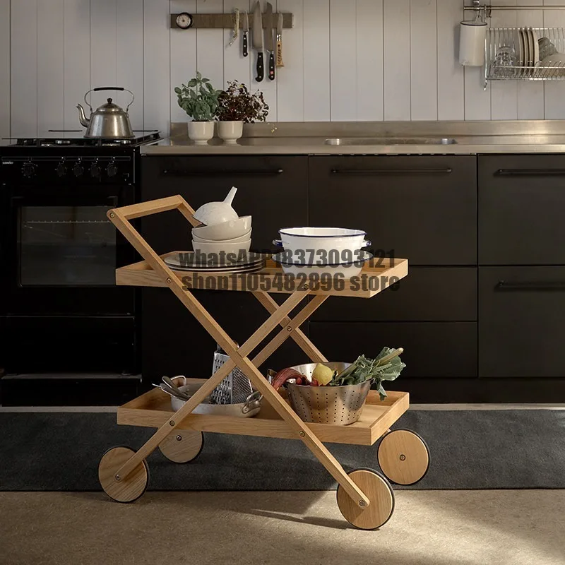 Solid wood mobile side few trolleys, living room sofa double-layer hand push dining side cart