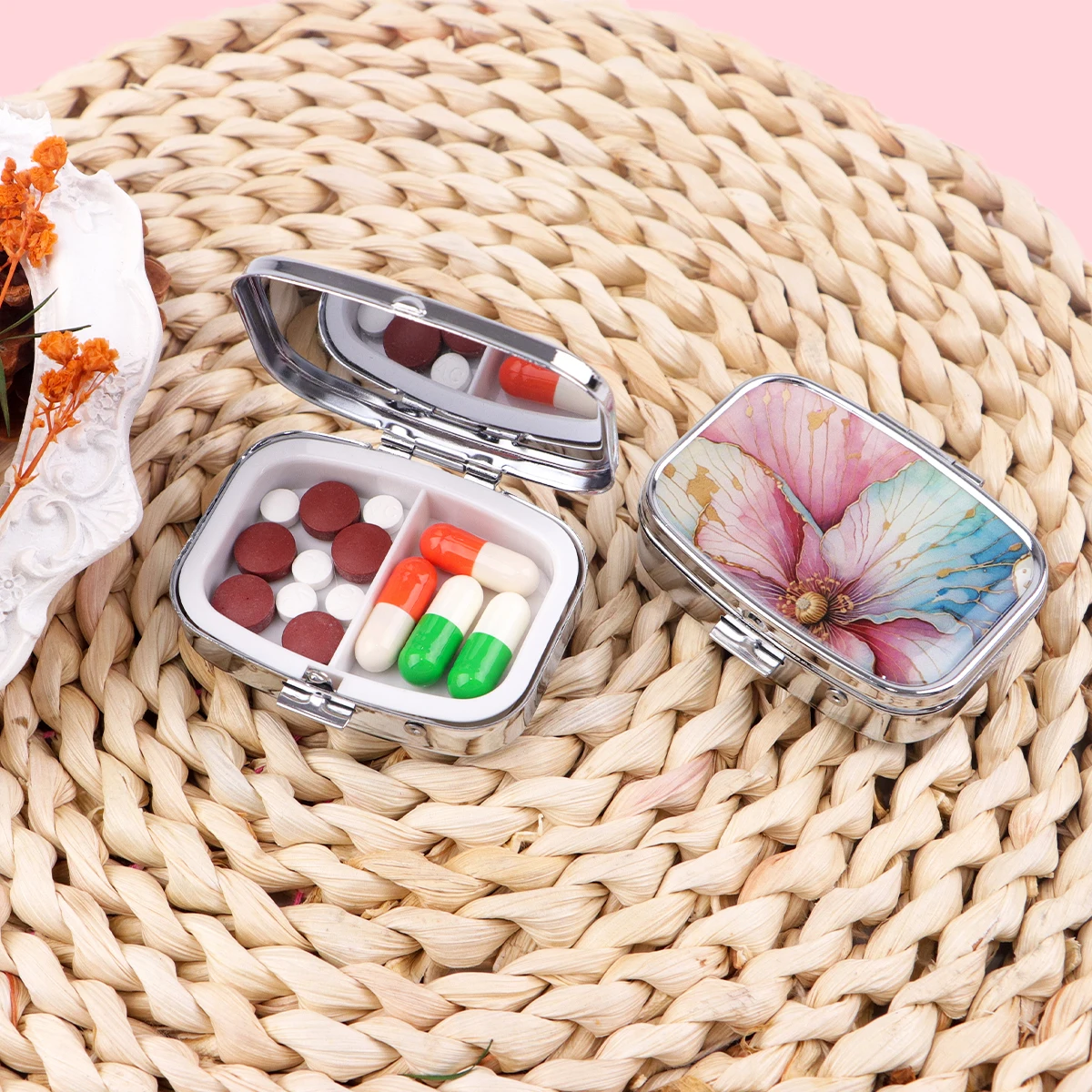 Marble Pattern 2 Compartments Metal Medicine Box Portable Travel Decorated  Sealed Small Pill Organizer Container Storage
