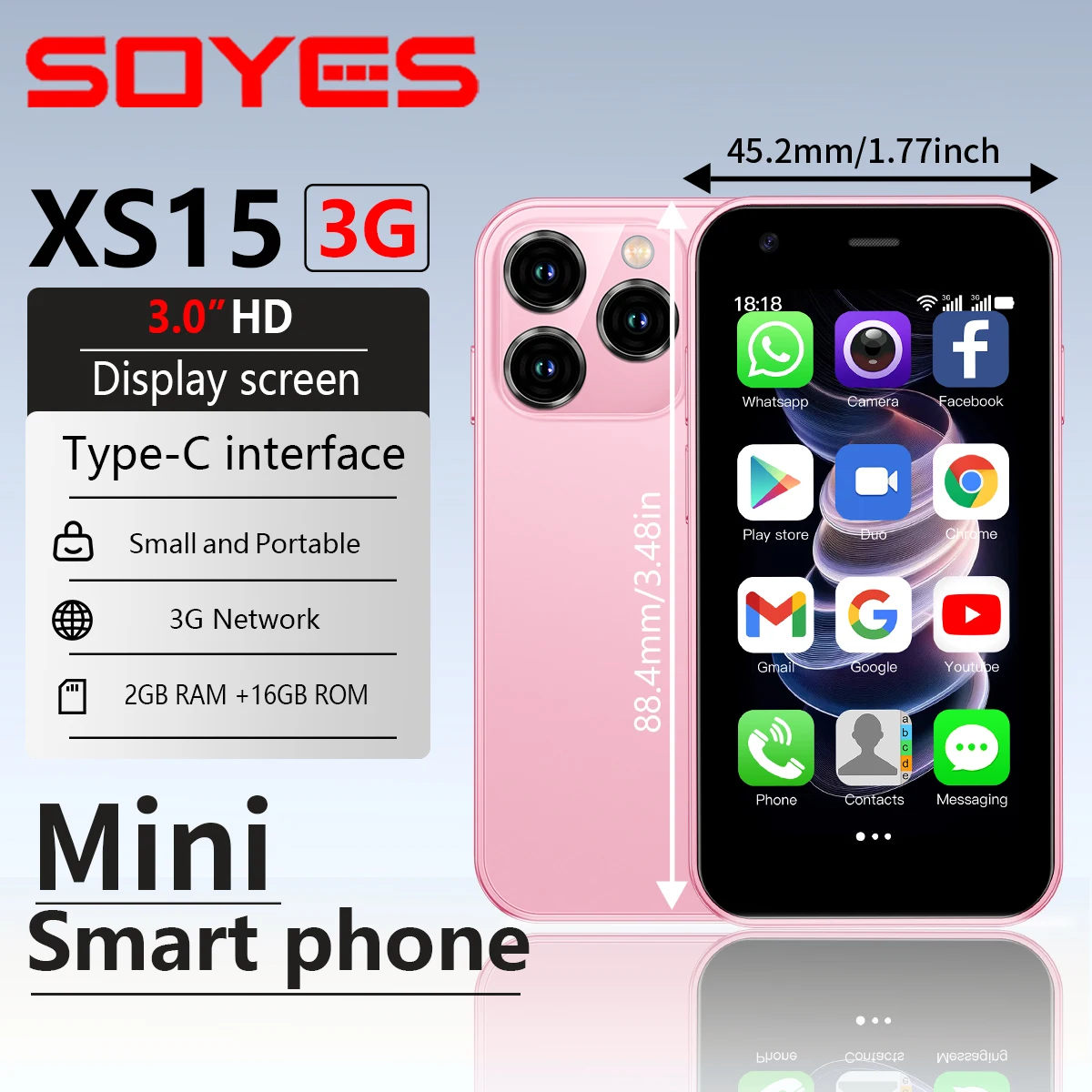 SOYES XS15 Pink Mini Smartphone Android 8.1 For Girls 3.0 Inch Display Android 8.1 2GB RAM 16GB ROM Dual SIM Standby Play Store