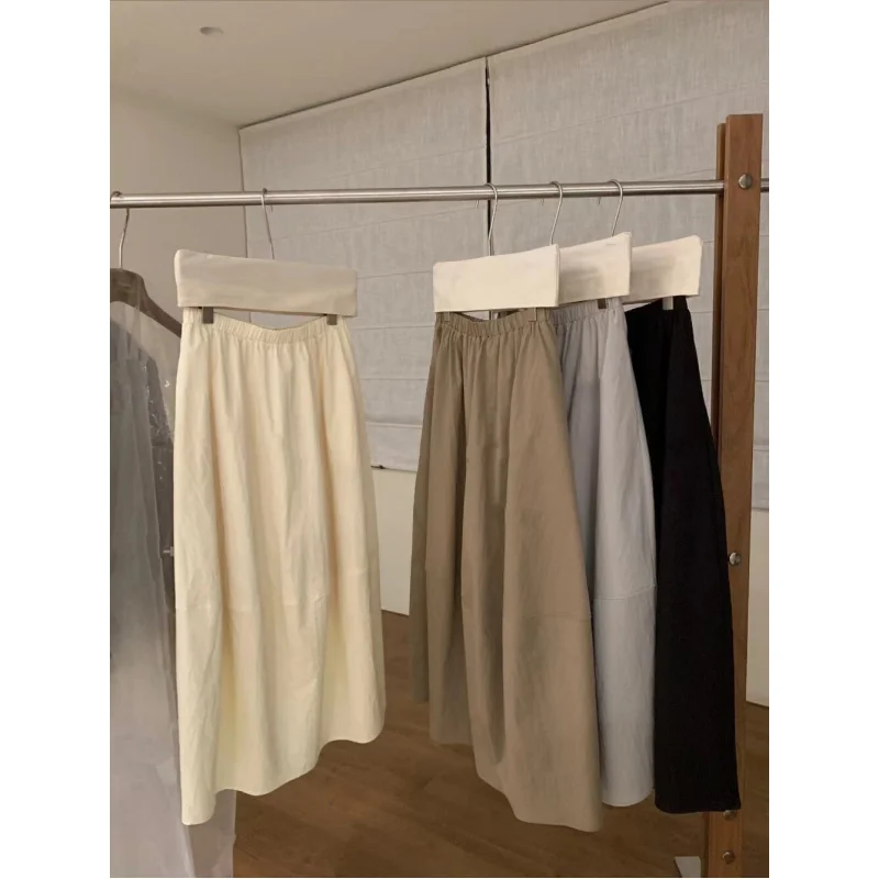 2025 Spring Main Push Simple Solid Color Lazy Style Casual Versatile Elastic Waist Mid-Length Skirt