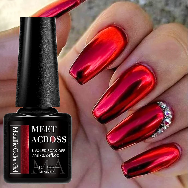 MEET ACROSS 7ml Metallic Gel Polish Mirror Effection Nail Art Soak Off UV Gel Nail Polish Red Green Gold Mirror Gel For Nails