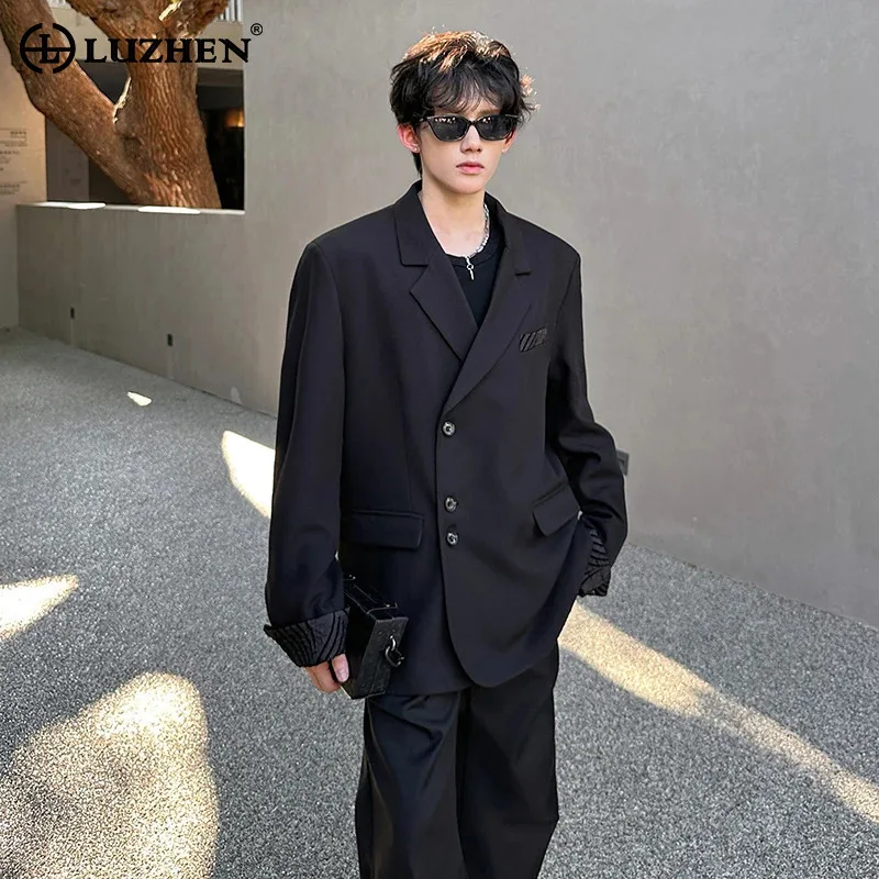 

LUZHEN Fashion Elegant Cross Buttoned Placket Shoulder Pad Blazer Coat 2025 New Solid Color Handsome Casual Male Jacket JY4603