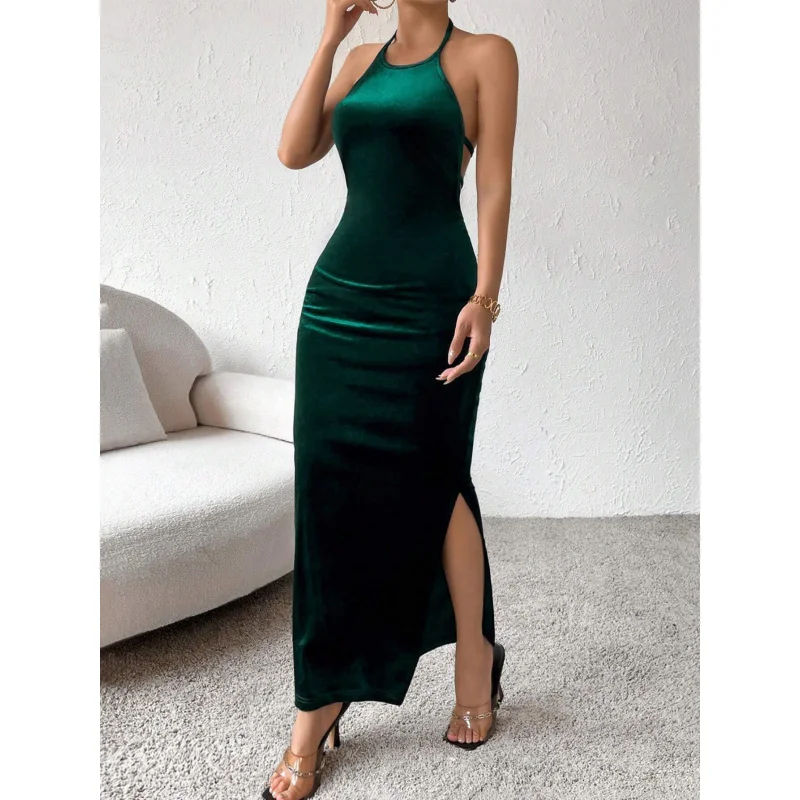 

YQ1-Women's Autumn Winter New Slim Fit Bodycon Halter Velvet Sexy Party Strap Dress