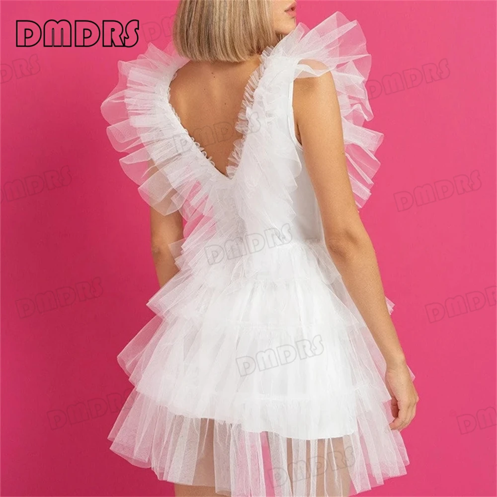 White Layered Tulle Dress Tutu Dresses For Women Ruffle Mini Dresses Sexy Deep V Neck Formal Gown For Cocktail Party