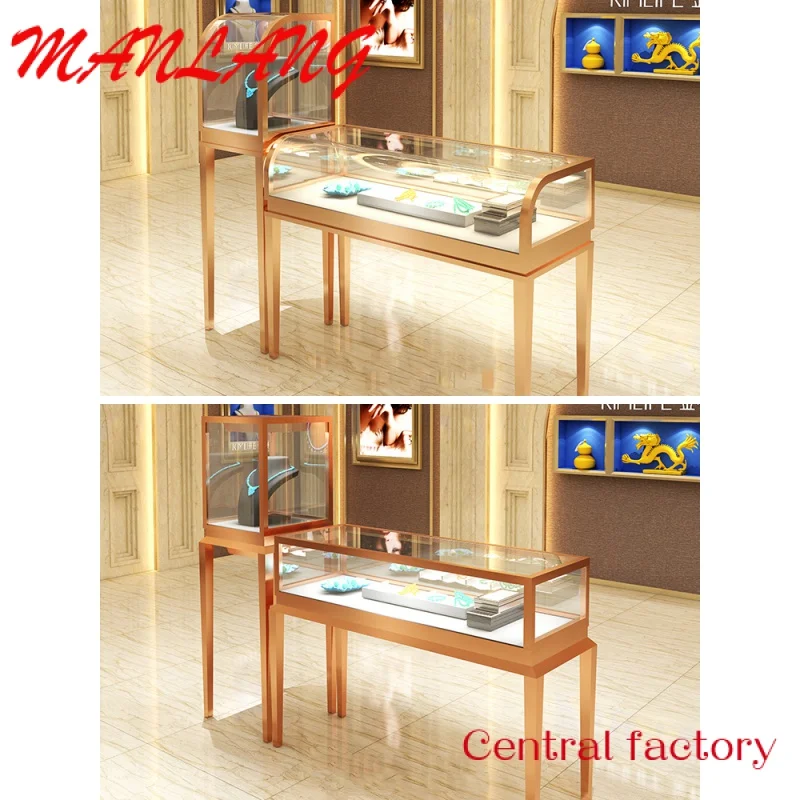 CustomCustom  Gold Jewelry Showcase Display Cabinet Floor-standing Stainless Steel Jewellery Shop Display Stand Led Light Cabine