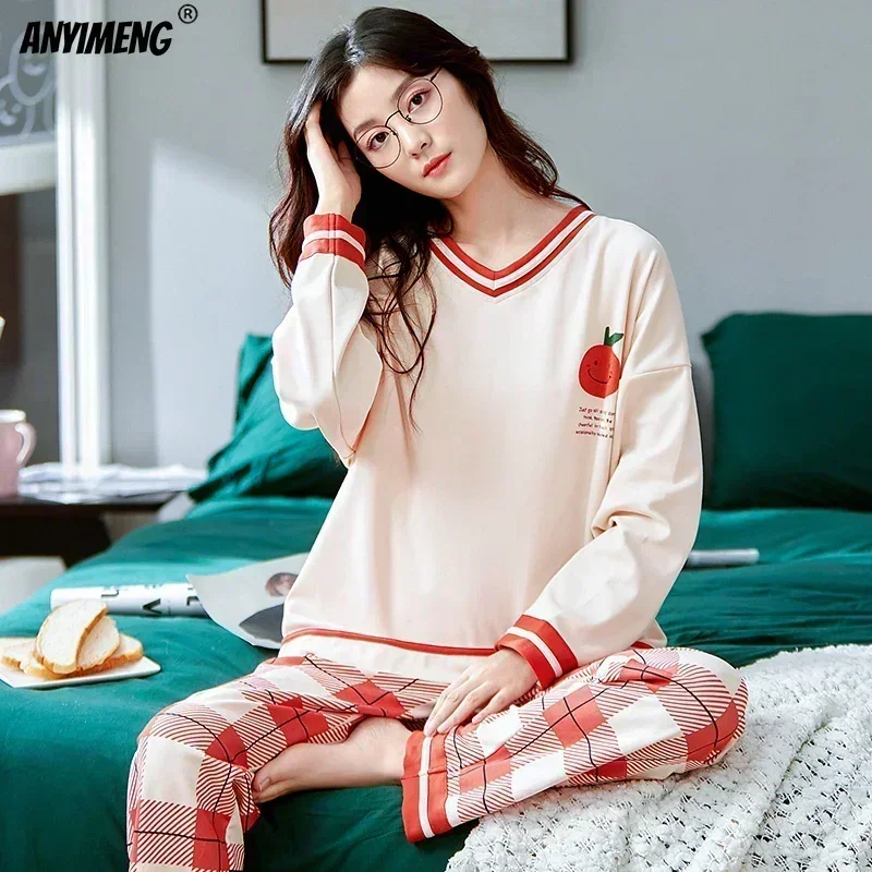 Romantic Printing Pure Cotton Sleepwear Leisure Women\'s Home Clothing Autumn Winter Pyjamas 100% Coton Fashion Loungewear Pj Set