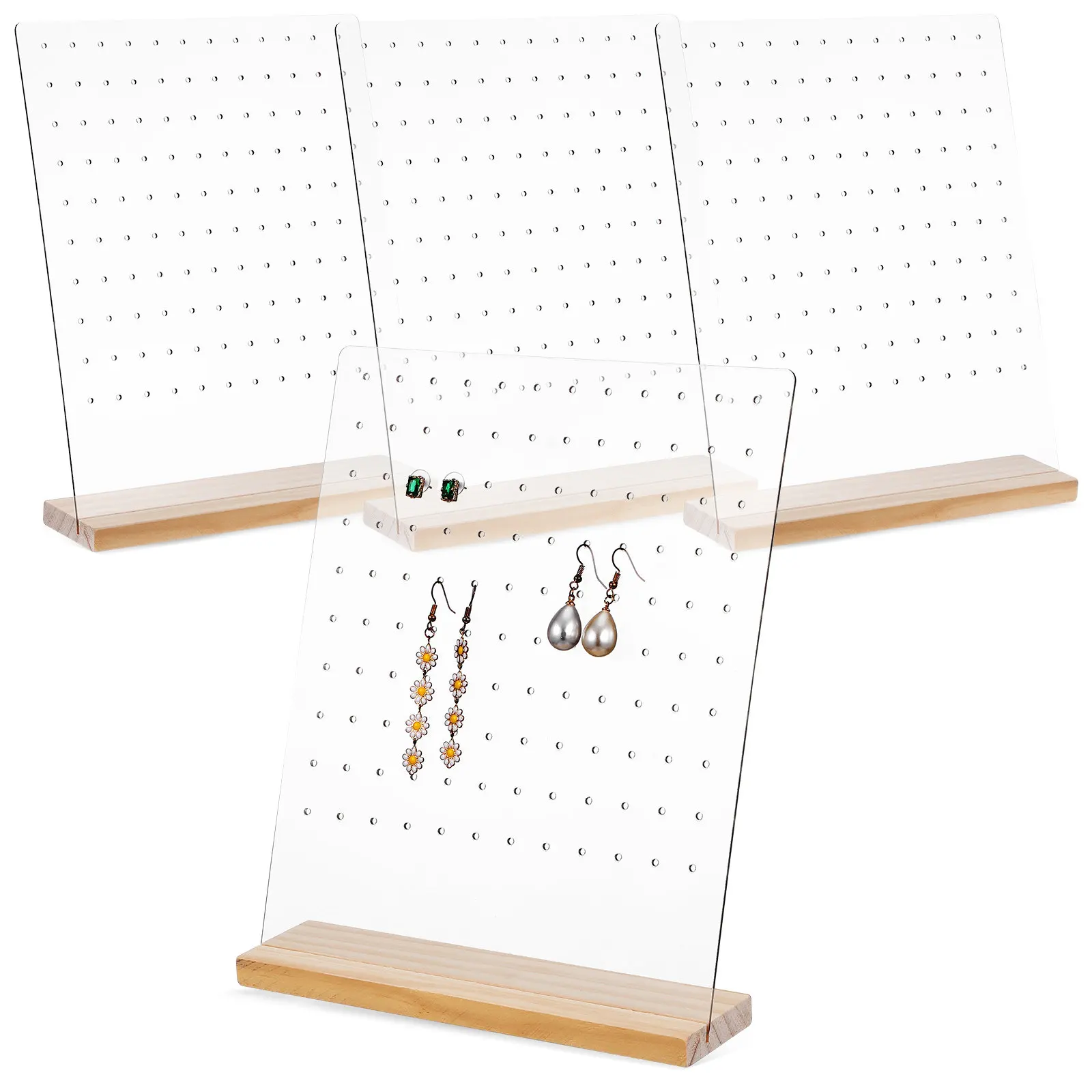 4Pcs Modern Acrylic Earring Display Stand with Elegant Detachable Wood Base 120 Holes Stud Holder Jewelry Organizer Earring