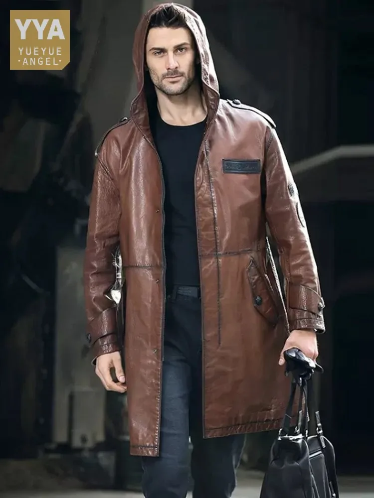 

Luxury Business Men Casual Work Long Trench Coat Hooded Oil Wax Genuine Leather Jacket Windbreaker Sheepskin Loose Cargo Coats