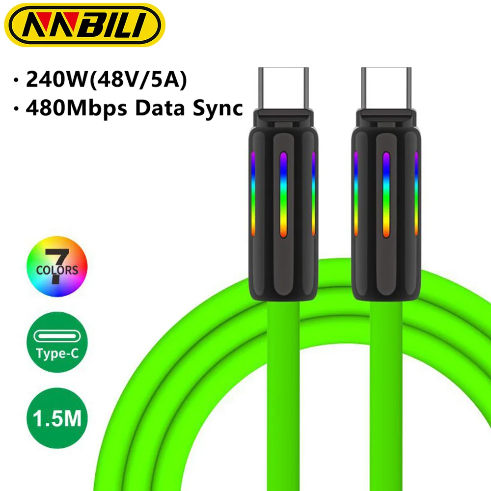 NNBILI PD 240W Type-C To Type-C Fast Charging Cable 3.1 Liquid Silicone USB C Data Cord For iPhone 15 16 MacBook Samsung Xiaomi