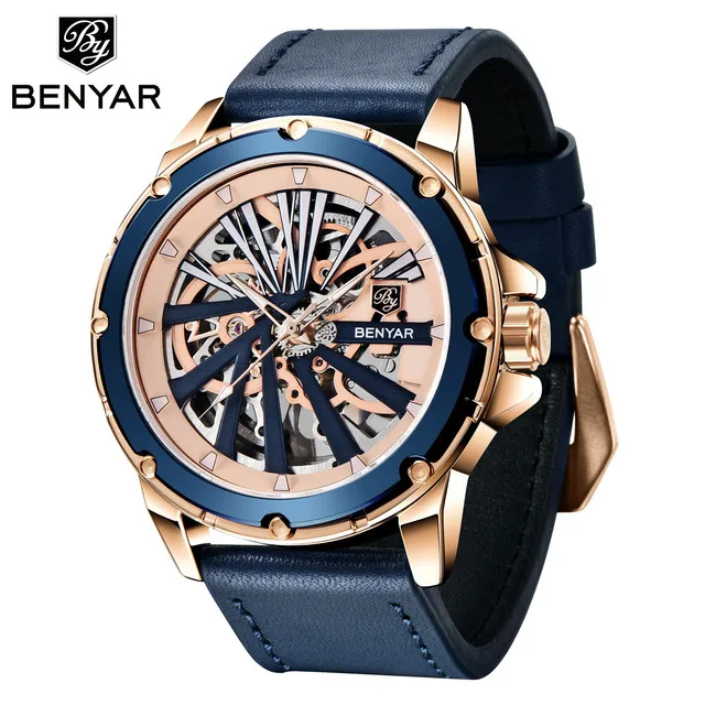 Benyar 5173 Fashion Simple Design Men's Automatic Mechanical Casual Watches Waterproof Double-sided Hollow Gavenew Wheel Watch