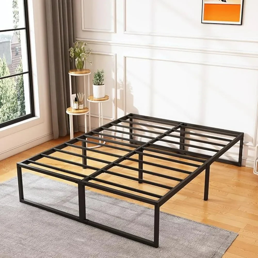 16 Inch Bed Frame, No Box Spring Needed, Heavy Duty Metal Platform Queen Size Bed Frame, Strong Steel Slats Support