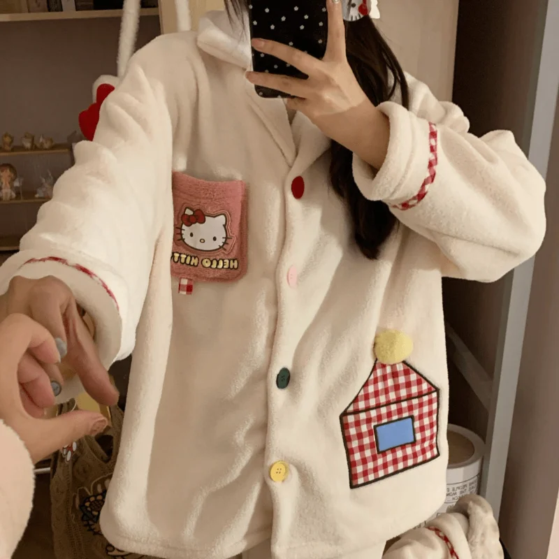 Sanrio Hello Kitty Winter Pajamas Women\'s Coral Fleece Lapel Sweet Wind Fleece Cartoon Long Sleeve Trousers Loungewear Set