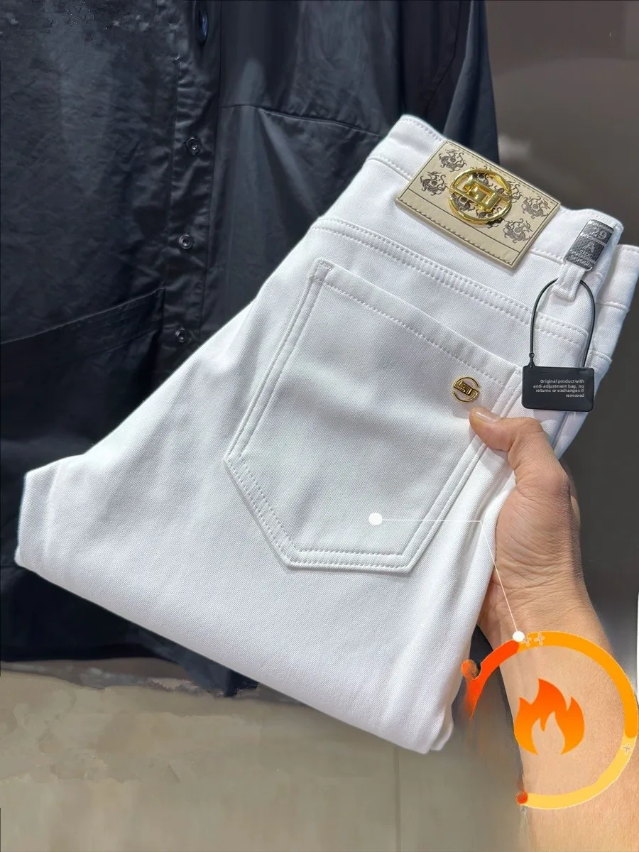 

Утепленные джинсы с флисовой подкладкой, черно-белые, мужские, облегающие, эластичные, зимние, теплые, повседневные, прямые, длинные брюки