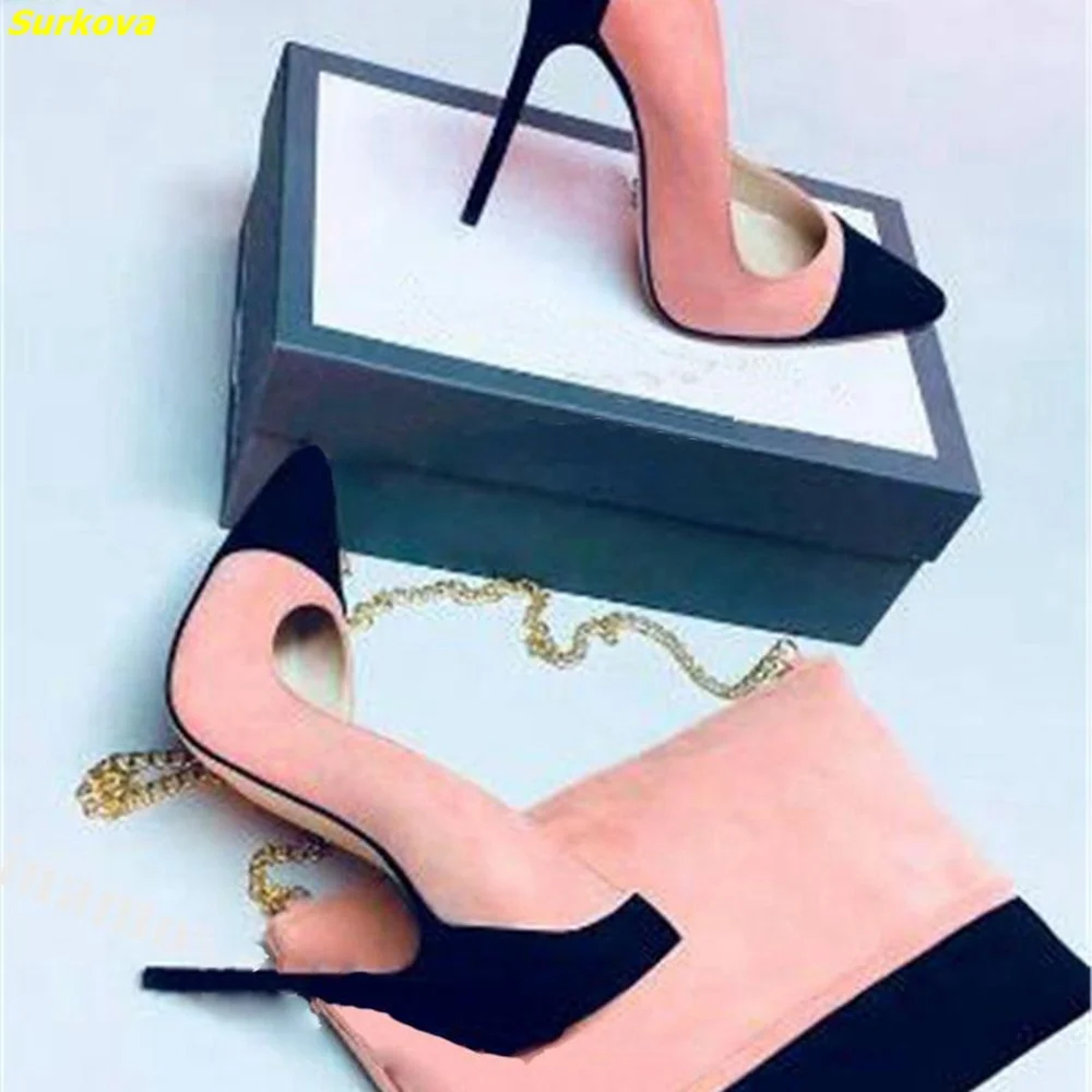 

Suede Stiletto Heel Pumps Patchwork Pointy Toe Shallow Slip On Dress Women Shoes Thin High Heel Classic Party Mixed Color Shoes