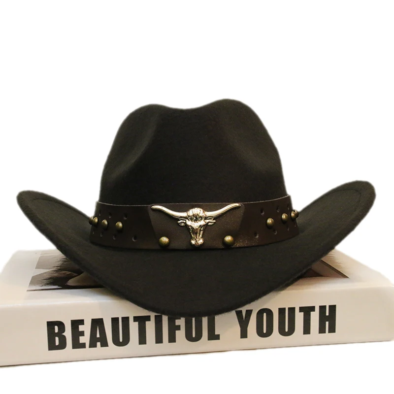 Retro Bull Ox Head Rivet Leather Band Unisex Women Men /Kid Child Wool Wide Brim Sun Cowboy Western Hat Cowgirl Cap 54-57-61cm