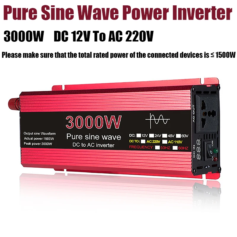 3000W Pure Sine Wave Power Inverter DC 12V To AC 220V Car Home Solar System Power Inverter Adapter Converter