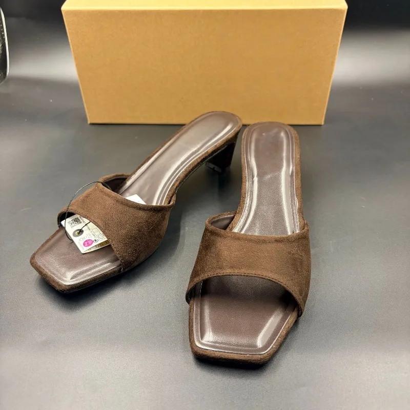 

Women's Slippers Summer Open-toed Square Head High-heeled Sandalias French Style Temperament Suede Leather Casual Cool Slippers