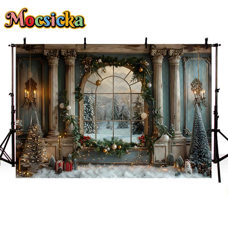 Mocsicka Indoor Christmas Window Background Photography Xmas Tree Vintage Palace Decor Kids Adult Portrait Photo Backdrop Studio