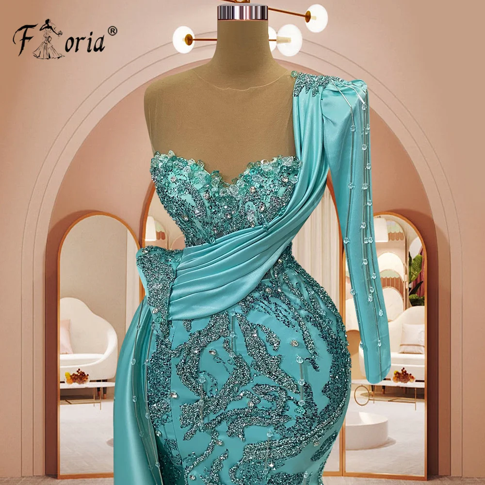 Aso Ebi-vestido de noite sereia verde com um ombro para mulheres, cristal frisado, vestidos formais longos de Dubai, diamantes strass