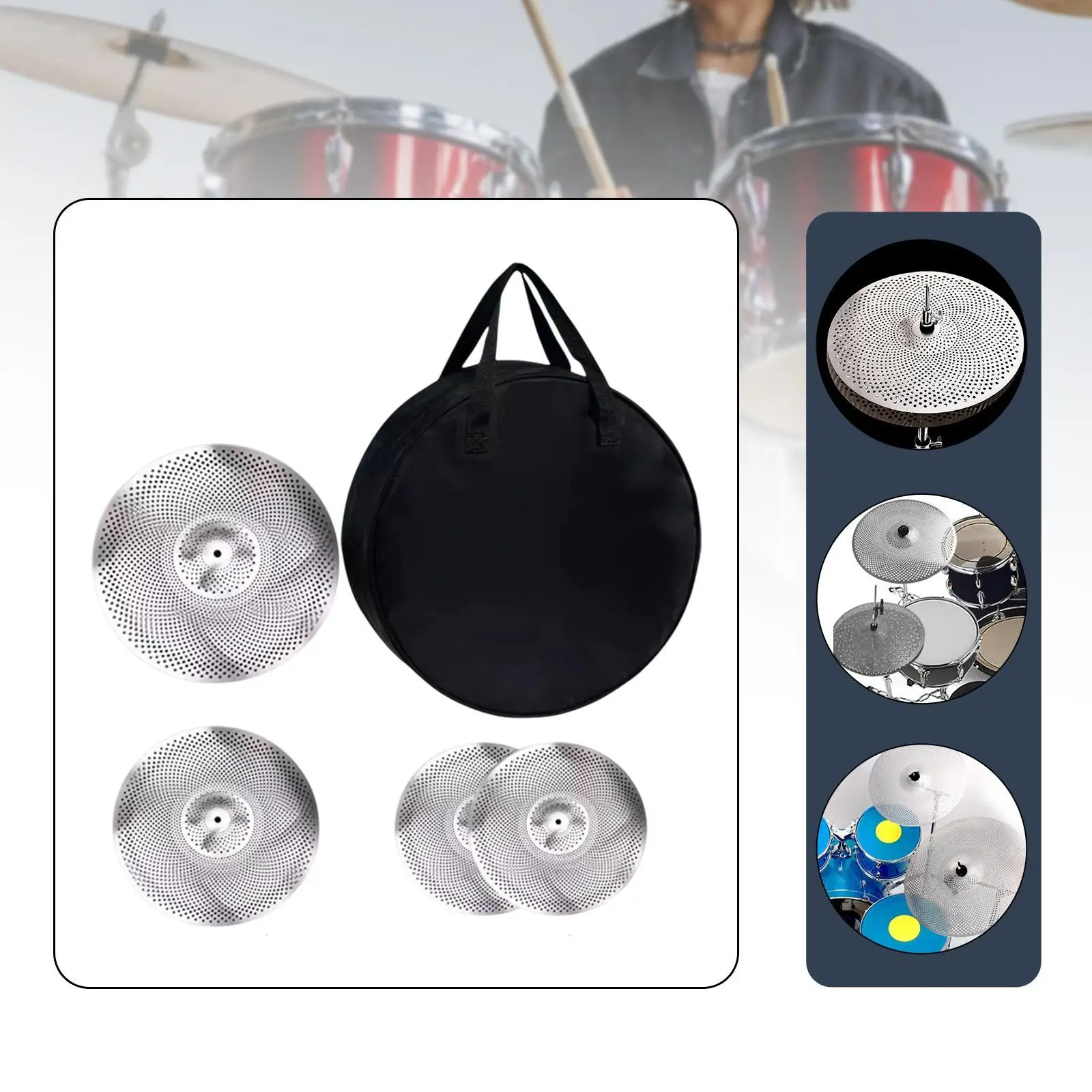 

4x Low Volume Cymbals Replaceable Professional with Storage Bag 14/16/20 inch for Music Room Beginners Drummer Practicing Stage