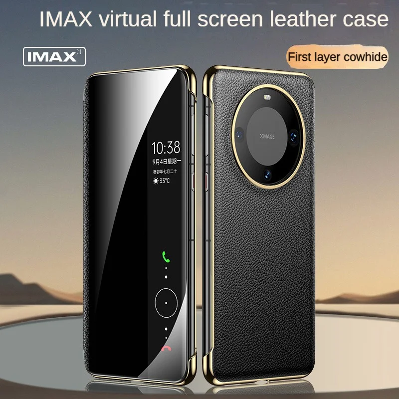 Virtual Full Screen Window View Genuine Leather Case for Huawei Mate 60 Pro Mate 50 Answer-Free Smart Plating Wallet Flap Cover