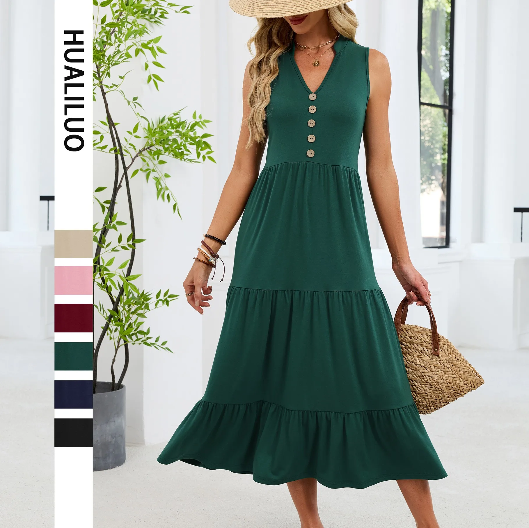 

Summer Dress Women's V Neck Sleeveless Knit Dresses Solid Color Loose Fit Elastic Waist Maxi Dress Tiered Skirt Ruffle Hem