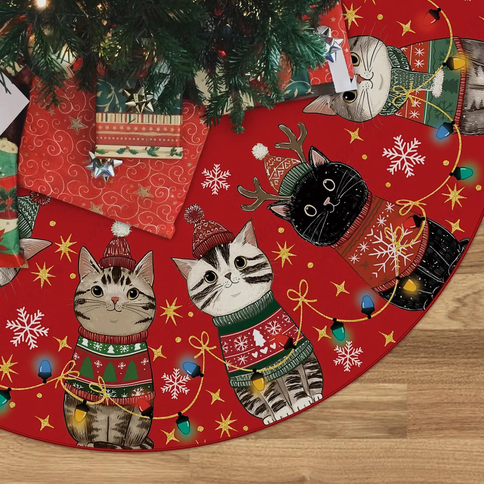 

Christmas Cat Tree Skirt Red Xmas Tree Skirt Tree Mat 48 Inch Winter Christmas Decor for Home