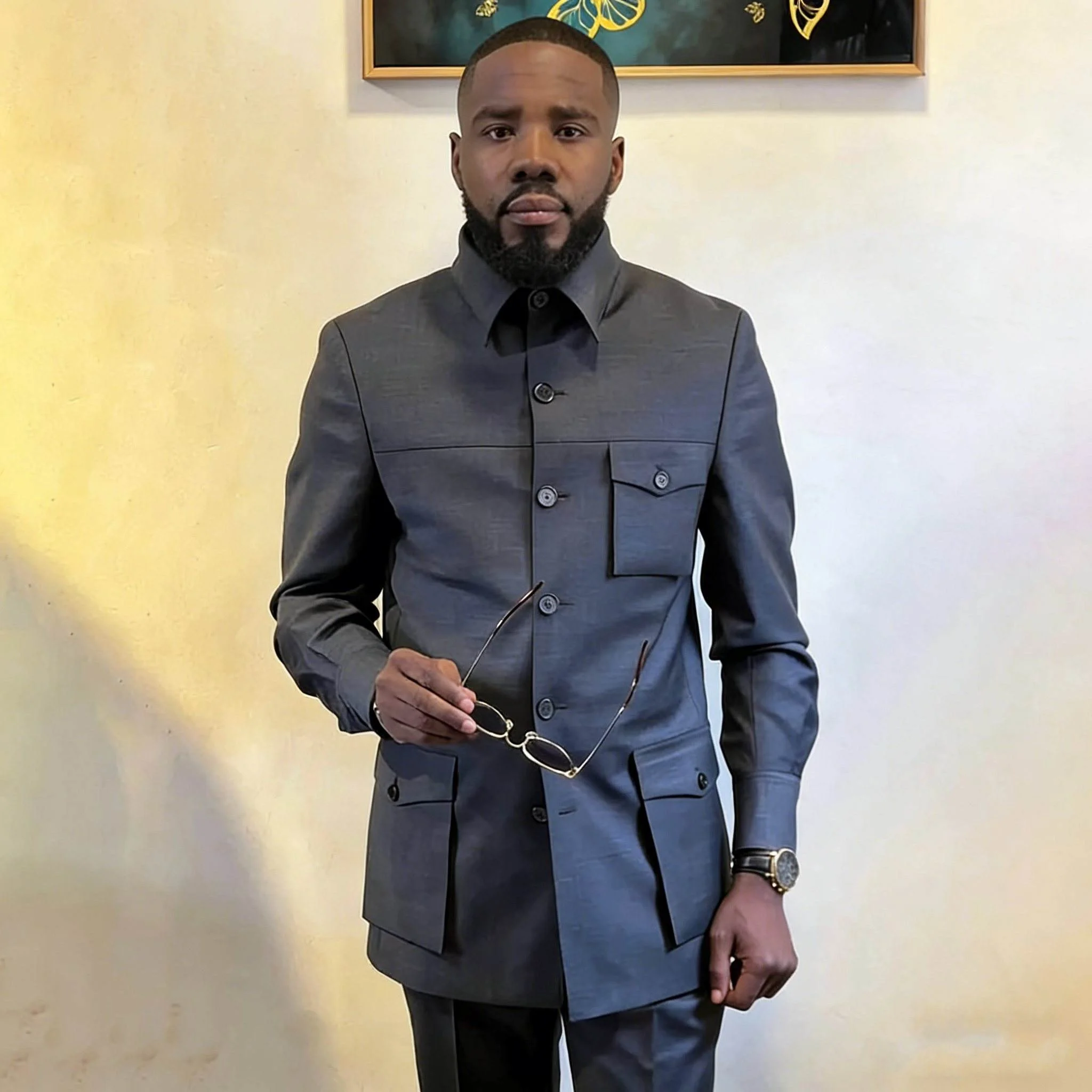 

Men Suits Solid Grey Safari 2 Pieces Three Big Pockets Tuxedos Groom Wedding Evening Party Prom Groom Custom Jacket Pants