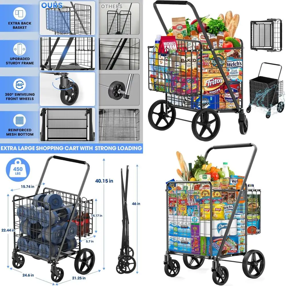 

Heavy-Duty Foldable Shopping Cart with Double Basket and 360° Swivel Wheels for Grocery and Laundry - 450 lbs Capacity