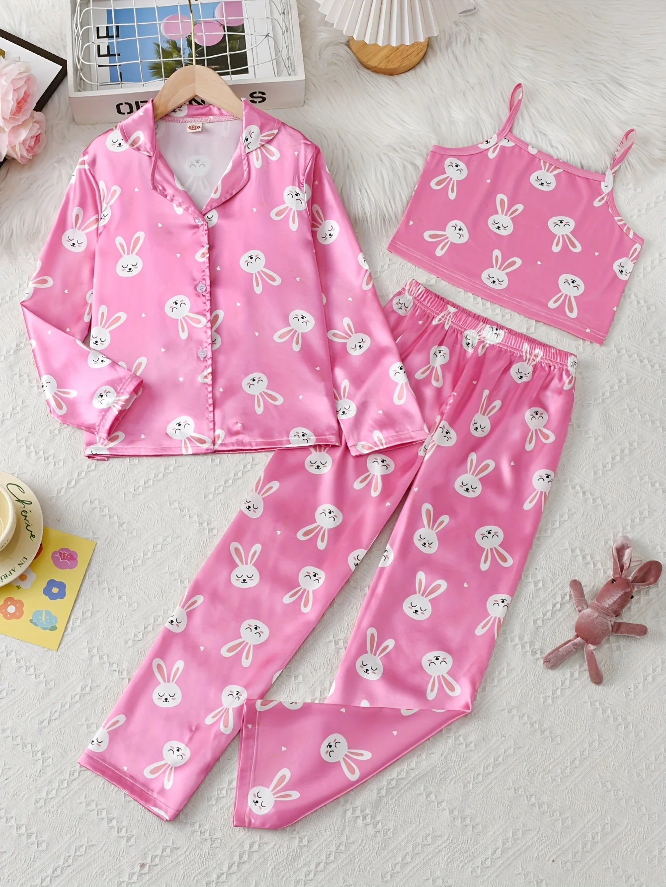 3-Piece Girls Cute Rabbit Print Satin Pajama Set - Comfortable Loungewear with Button Up Lapel Collar Blouse, Cami Top, Pants