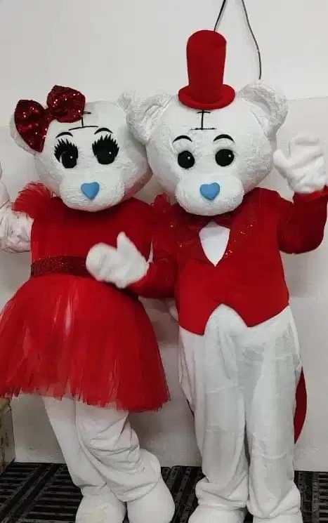 

Cute White Rabbit Red Dress Mascot Costume Bear Walking Doll Outfit for Halloween Christmas Carnival Party