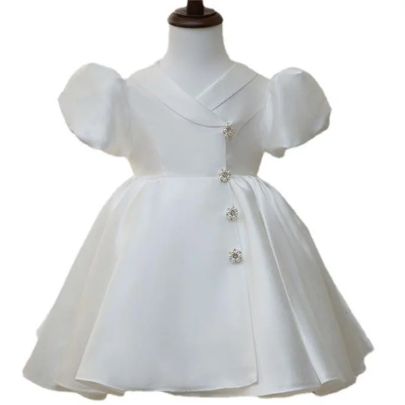 Girls White Puff Sleeves Nailed Diamond Birthday Dress Baby Girl Wedding Little Girl Princess Dress