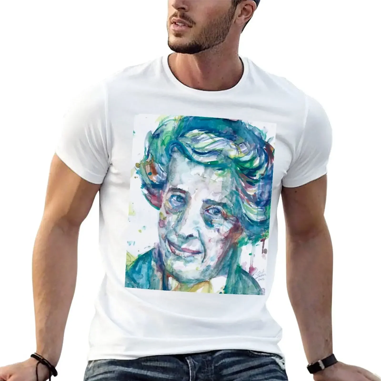 HANNAH ARENDT watercolor portrait T-Shirt tops blacks tshirts for men