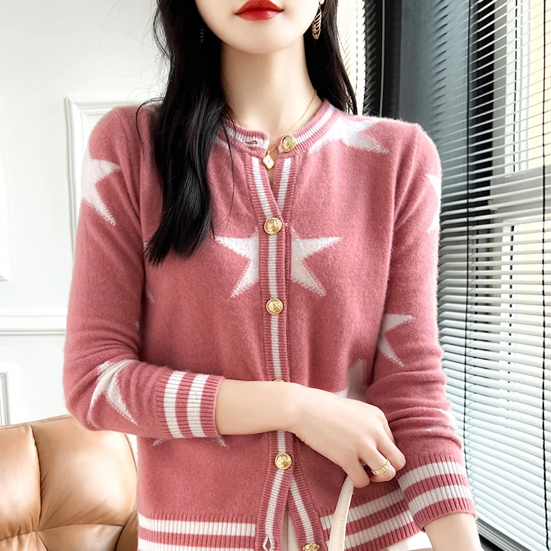 Female Cardigan Autumn Winter Wool Cashmere Sweater Women\'s Coat Five-Pointed Star Long-Sleeved Jacket Round Neck Chic Knit Top