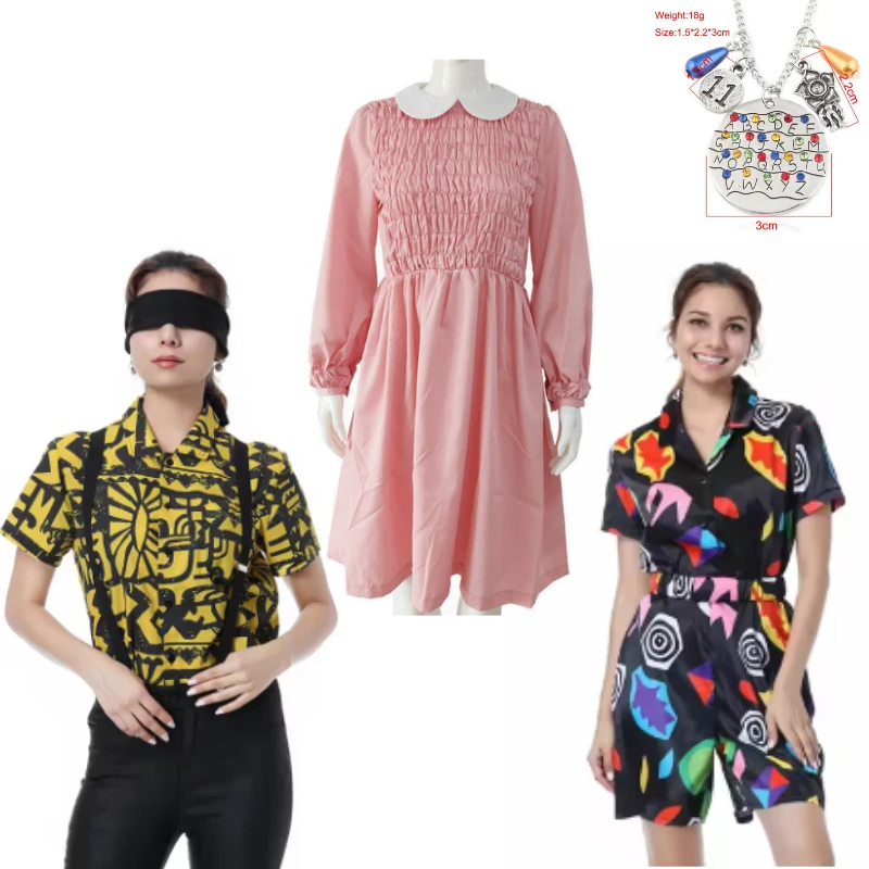 

Strange Movie Eleven Cosplay Costumes Shirt Mask Dress Short Sleeve Jumpsuits Yellow Blindfold Suspender Halloween Carnival