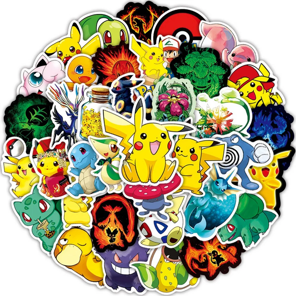 50/100pcs Cute Pokemon Stickers Pikachu Skateboard Scrapbook Car Bicycle Guitar Laptop Waterproof Cartoon Sticker for Kids Toys