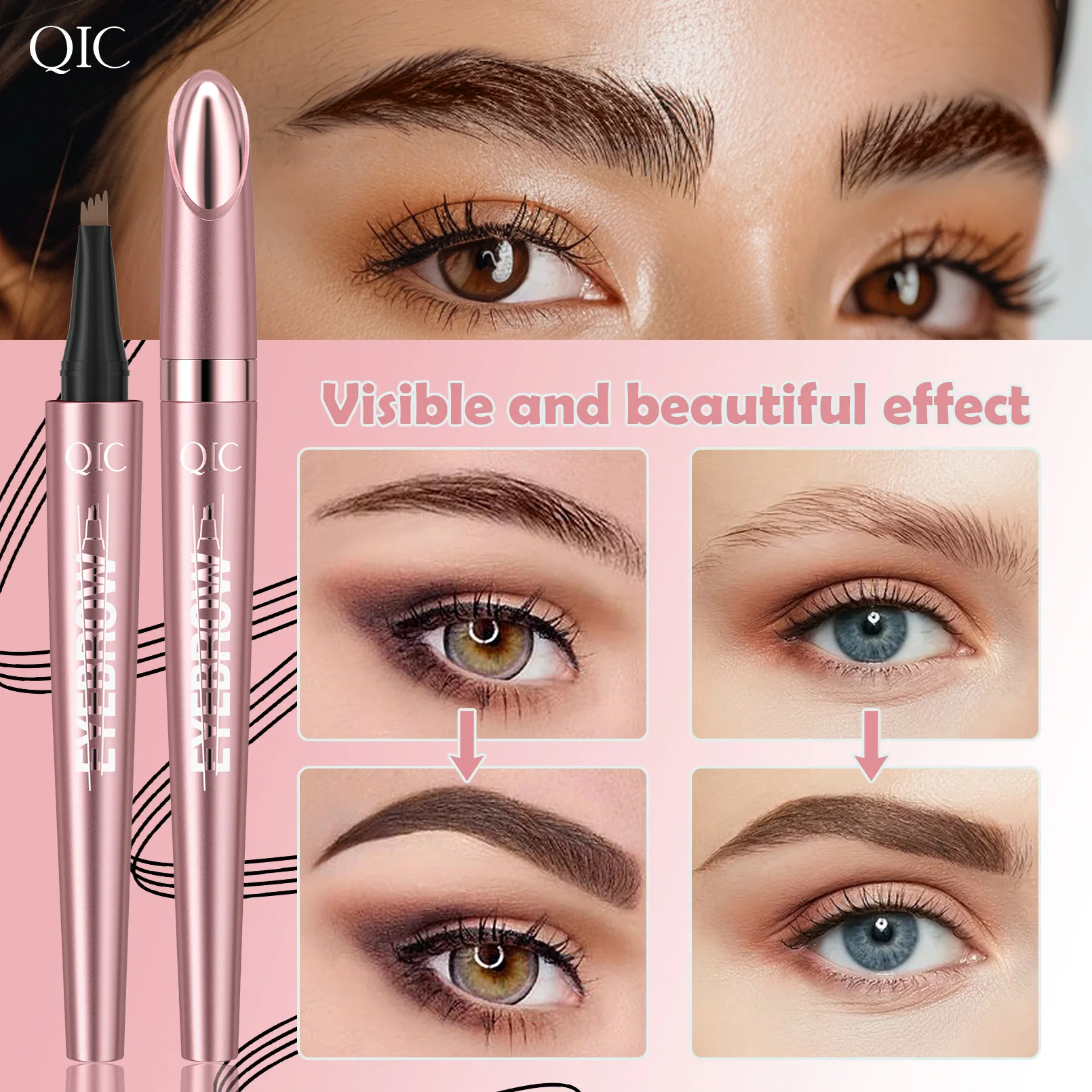 QIC Micro stylo à sourcils à 4 pointes, maquillage pour les yeux, longue durée, imperméable et résistant aux taches, crayon naturel pour cheveux