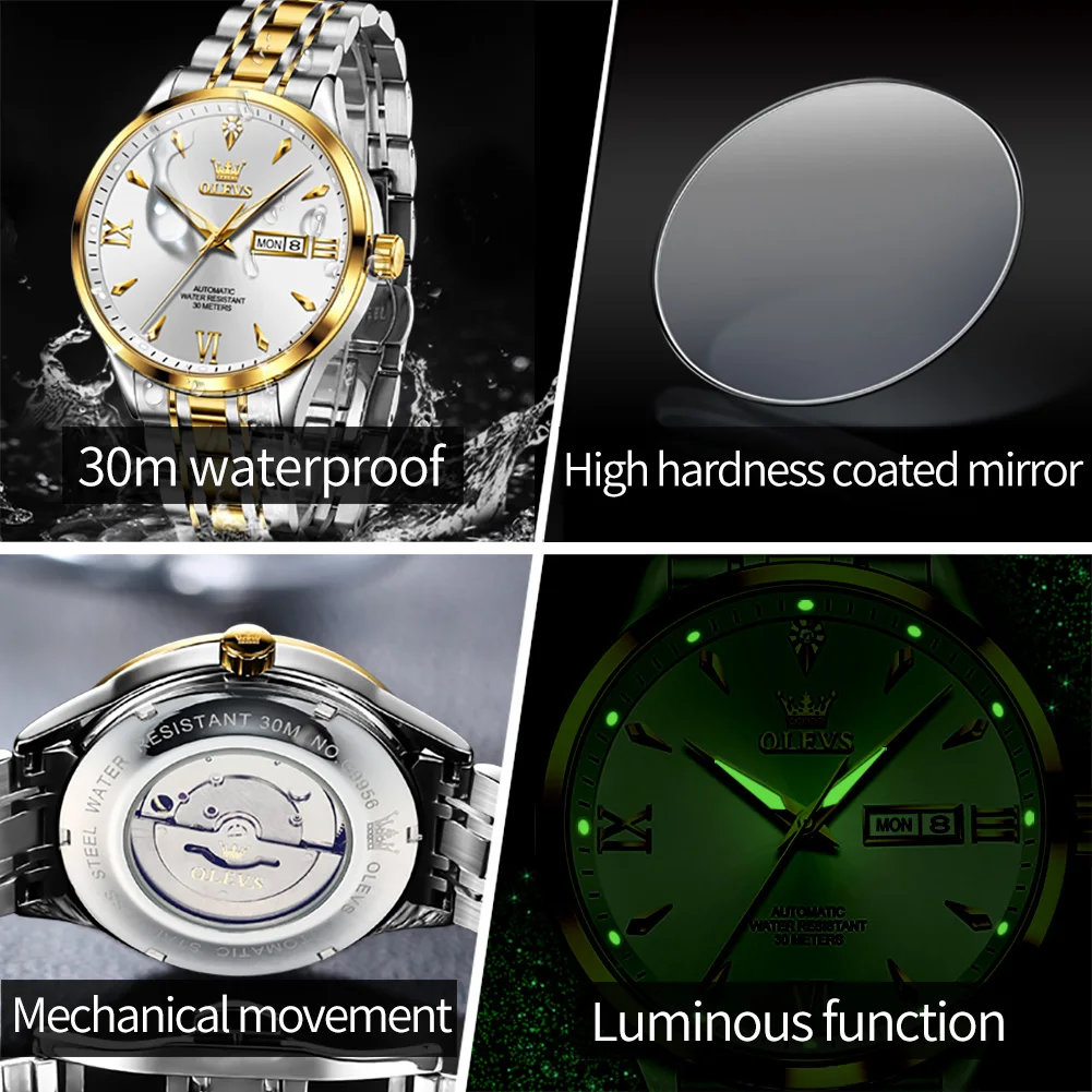 OLEVS 2024 New Men's Mechanical Watch Waterproof Luminous Stainless Steel Week Date Business Automatic Watch for Men Wrist watch